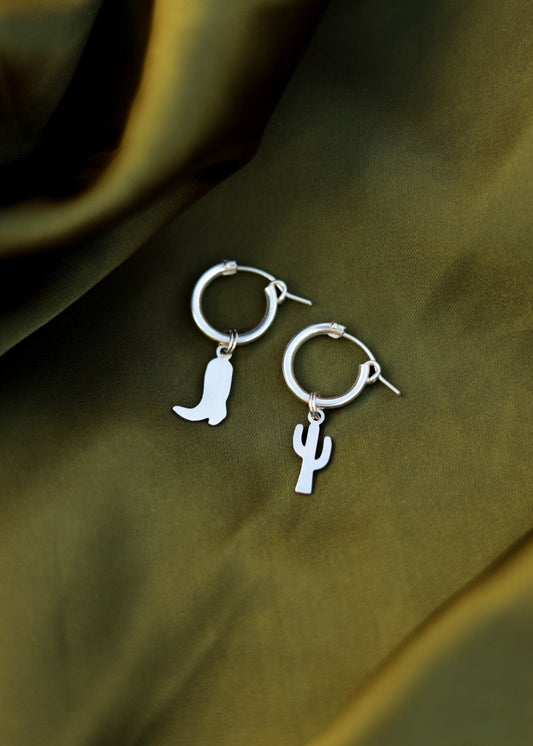 Cowboy & Cactus Charm Huggie Hoops